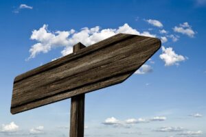 signpost, waypoint, wood, grain, nature, board, sign, direction, right, path, marking, arrow, heaven, clouds